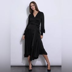 100% Pakistani Rayon Maxi Asymmetric Hem Long Sleeve Wrap Dress Dry Clean Only Chic Asymmetrical Wrap Dress For Party, Chic High-low Hem Dress For Date Night, Elegant Wrap Dress With Asymmetrical Hem For Date Night, Black Asymmetrical Maxi Dress For Fall, Asymmetrical Black Maxi Dress For Fall, Chic Formal Midi Dress With Asymmetrical Hem, Chic Long Sleeve Asymmetrical Dress For Night Out, Chic Asymmetrical V-neck Evening Dress, Fall Evening Asymmetrical V-neck Dress