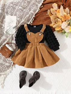 Baby Girl Solid Color Round Neck Long Sleeve Top And Pinafore Dress 2pcs Cute Outfit, Spring Fall Season Black   Long Sleeve Corduroy,Cotton   Non-Stretch  Baby Girls Clothing, size features are:Bust: ,Length: ,Sleeve Length: Round Neck Long Sleeve Top, Crochet Baby Beanie, Fall Baby Clothes, Pinafore Dress, Cute Outfit