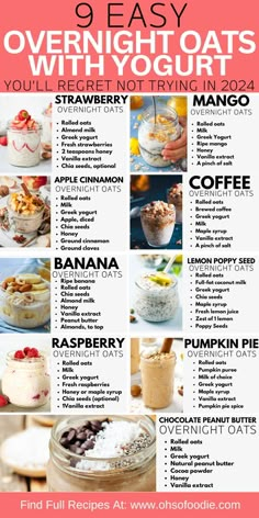 Text reads 9 easy overnight oats with yogurt you'll regret not trying in 2024 Coffee Over Night Oats, Oats And Greek Yogurt Recipes, Oatmeal Recipes With Yogurt, 200 Calorie Overnight Oats, Sugar Free Overnight Oats In A Jar, What To Eat With Yogurt, Overnight Oats Recipe No Chia Seeds, Overnight Oats With Flax Seed, Overnight Oats In A Jar Healthy