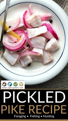 the cover of pickled pike recipe is shown on a plate with a knife and fork