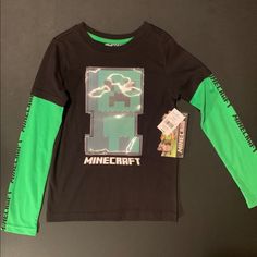 Minecraft Long Sleeve Shirt Size: Various Color: Black & Green Make Me Any Offer. Black Spring Tops For School, Black Long Sleeve T-shirt For School, Minecraft Shirts, Long Tee Shirts, Stylish Shirts Men, Waffle Shirt, Long Sleeve Tee Shirts, Nike Shirts, Boys Long Sleeve