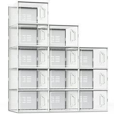 several white shelves stacked on top of each other