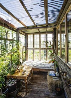 the sun room is filled with potted plants and other things to see in it