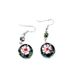 New*Hand Crafted*Very Pretty Cloisonne Drop Earrings. The Floral Cloisonne Bead Is Vintage. Round & Puffed With Black Enamel Base On Silver Finished Brass. The Flower Is A White, Pink & Green Enamel. Smaller 6mm Cloisonne Floral Bead. Main Bead Is Vintage And Is .625"Rd/ 1.875"Oal. Nickel Free Ear Wires. **New**Hand Crafted By Sharon Smoke Free Home. The Black Spot On Ear Wire Photo#1 Is Lint From The Stand. Handmade Metal Flower Earrings For Summer, Pink Metal Earrings For Spring, Black Dangle Jewelry For Summer, Black Round Summer Jewelry, Black Drop Earrings For Summer, Black Dangle Earrings For Summer, Black Flower Jewelry For Summer, Elegant Black Earrings For Spring, Pink Round Earrings For Summer