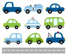 various types of cars on the road with different colors and shapes, including one blue car