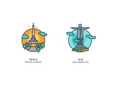 four different types of travel icons with the eiffel tower, paris, and rio