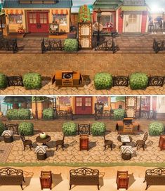 an animated view of a small town with tables and chairs in the middle, along with several different types of furniture