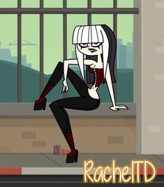 a cartoon character with white hair and black pants, sitting in front of a window