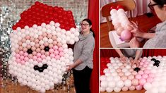 a collage of photos showing balloons being made to look like a cat's head