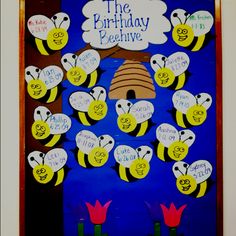 the birthday beehive bulletin board is decorated with bees