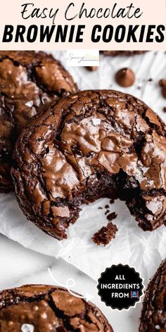 chocolate brownie cookies are cut in half and stacked on top of each other with text overlay