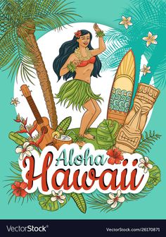 the hawaiian hula girl with her surfboard and palm trees on a blue background