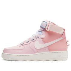 Supporting a new generation of innovative women, the Nike Women's Air Force 1 High Utility is highlighted in the 'Force is Female' initiative. Dropped in November 2019, this women's edition boasts a 'Echo Pink' scheme across the leather upper, a contrast tongue, and standout Swooshes. 'Force' and 'Female' appear on the ankle strap. A Sail-colored rubber cup sole housing Air technology delivers the final flourish.  SKU: CQ4810-621 Release Date: 13 Nov 2019 Color: Multi-Color Functional Pink Waterproof Sneakers, Functional Waterproof Pink Sneakers, Functional Round Toe Sneakers, Waterproof Sporty Sneakers For Spring, Sporty Waterproof Sneakers For Spring, Af1 High, Womens Air Force 1, Outdoor Sneakers, Nike Air Force 1 High