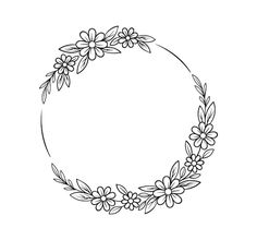 a black and white circle with flowers in the shape of a flower wreath on a white background