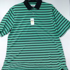 Colors: Green/Black/White Striped Pattern Closure: Short Sleeve 3 Button Placket Pullover Fabric: 100% Polyester Moisture Wicking Light Weight Machine Washable For Easy Care Mens Striped Shorts, Polo Shirt Colors, Mens Stripes, Short Sleeve Polo, Striped Shorts, Stripes Pattern, White Stripe, Polo Shirt, Mens Shirts