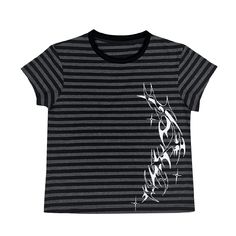 This stylish top features a chic black and gray striped design, perfectly complemented by intricate white tattoo print decorations. Made to stand out, this piece combines edgy aesthetics with contemporary fashion, making it a must-have for your wardrobe.  This price includes one top only.   	 		 			Size 			S 			M 			L 		 		 			Length 			51 			52 			53 		 		 			Bust 			82 			86 			89 		 		 			Shoulders 			37 			38 			39 Striped Graphic Print Tops For Streetwear, Trendy Striped Tops For Streetwear, Fitted Striped Tops For Streetwear, Trendy Striped Top With Graphic Print, Black Emo Tops For Summer, Black Emo Top For Summer, Steampunk Fashion Male, Tattoo T Shirts, Plaid Pleated Skirt