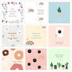 six different cards with cactus, donuts and rainbows