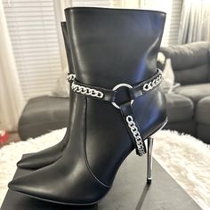 Brand New Black And Silver Ankle Boots. Size 10. Chain Boots For Party In Fall, Chain Boots For Fall Party, Chic Silver Boots For Night Out, Chic Silver Boots With Metal Feet, Trendy Chain Boots For Party, Trendy Party Boots With Chain Detail, Punk Ankle Strap Boots For Party, Formal High Heel Boots With Chain Strap, Party Boots With Chain Strap For Fall