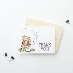 a thank you card with an image of a winnie the pooh holding a coffee cup