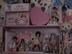 there are many anime dolls on the shelves