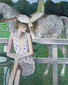 a painting of a woman sitting on a bench with a horse in the back ground