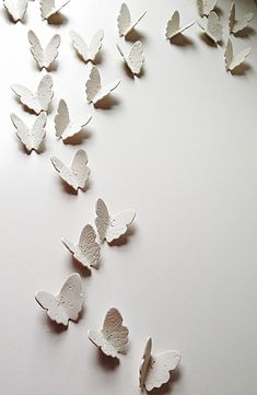 many white butterflies are flying in the air and scattered around on top of a table