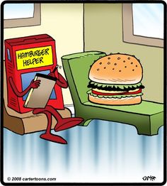 a cartoon character sitting in front of a hamburger machine reading a book and holding a clipboard