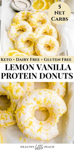 lemon vanilla protein donuts in a box with the text keto and dairy free gluten free