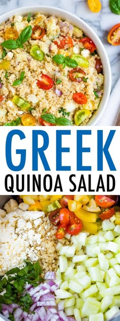 greek quinoa salad in a white bowl with the title overlay reading greek quinoa salad