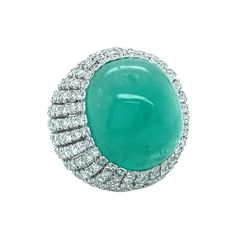 Bombe Ring, Luxurious Design, Domed Ring, 14k White Gold Ring, White Gold Ring, Emerald Diamond, Oval Cabochon, Round Cut Diamond, White Gold Rings