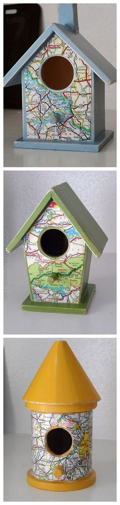 three different views of a birdhouse with the top and bottom painted yellow, one in green