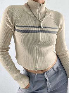 ⚡️Free Shipping 2022 Backless Striped Zip-Up Cropped Cardigan Beige L under $35.00 in Sweaters at AnotherChill.com Online. Style: Street/Punk/Hip Pop/Vintage/Sexy/Y2K. Fabric Content: Polyester Blend. Fit Type: Slim fit. Neckline: Mock Neck. Sleeve Length: Long Sleeve. : Fall in love with our retro but sexy charming knit crop top. It's made from stretchy ribbed knit fabric, cuts to a skin-tight silhouette, features two striped pattern print, an open back with buckle strap detail, ended with doub Street Punk, Cardigan Beige, High Street Fashion, Looks Street Style, Mode Inspo, Look Vintage, Knit Crop Top, Knit Crop, Mode Vintage