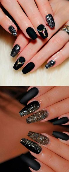 Black Matte Coffin Nails, Black Matte Coffin, Glitter Ideas, Nails With Silver, Shiny Nails Designs, White And Silver Nails