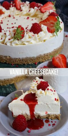 two pictures of a cheesecake with strawberries on top