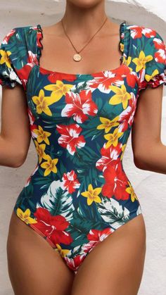 Sewing Styles, Sleeve Bathing Suit, Beach Apparel, Floral Bathing Suits, Swimming Costumes, Retro Swimwear, Blue Swimwear, Backless Swimsuit