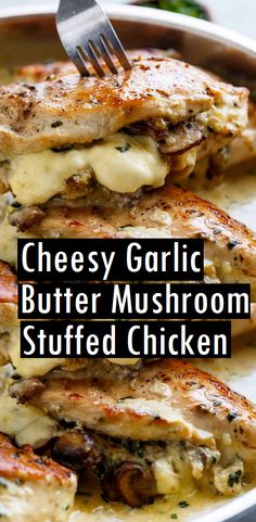 cheesy garlic butter mushroom stuffed chicken on a white plate with a fork in it