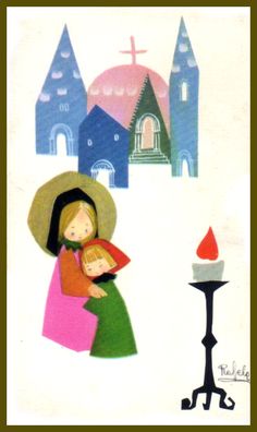 an image of a woman holding a child in front of a church with a candle