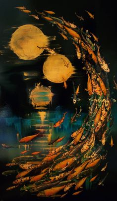 an abstract painting with many fish swimming in the water and on top of it is a full moon