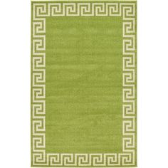 a green rug with white greek border on top and an area rug in the middle