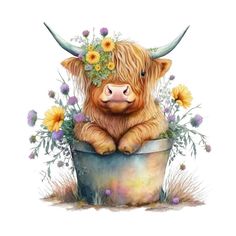 a watercolor painting of a bull with flowers in it's hair sitting on top of a bucket