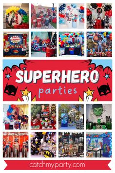 a collage of photos with the words superhero parties