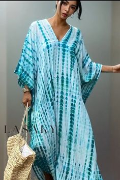 Lasaky - Blue Striped Tie-Dye Maxi Dress: Elegant Beach Cover Up for a Stylish Vacation, Swimming Pool or Sun Lounging Vacation Dresses Beach, Beach Blouse, Tie Dye Women, Summer Tunics, Estilo Hippie, Bathing Suit Cover Up, Sleeves Clothing, Beach Wear Dresses, Beachwear For Women