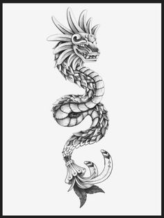 a black and white drawing of a dragon