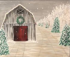 a painting of a barn in the snow with wreaths on it's door