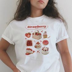 Strawberries are the superior fruit 🍓 ♡ More of Coquette Aesthetic: https://www.etsy.com/shop/RainieshopDesign?ref=seller-platform-mcnav&section_id=1   PRODUCT DETAILS   ♡ Gildan Heavy Cotton™ Tee ♡ Made with 100% cotton ♡ Midweight fabric (5.3 oz/yd² (180 g/m ♡ Loose fit ♡ Sewn-in label ♡ Runs true to size  SIZING   ▸ Please refer to the last picture with size chart for sizes and product dimensions.  ▸ Be aware that these shirts are baby tees that can have a snug fit if you choose your normal Cute Funny Print T-shirt, Sweet Strawberry Print Short Sleeve T-shirt, Sweet Pink T-shirt With Strawberry Print, Sweet Pink Strawberry Print T-shirt, Cute White Tops With Fruit Design, Sweet Strawberry Print Crew Neck T-shirt, Cute White Fruit Design Tops, Cute Strawberry Print T-shirt As Gift, Cute White T-shirt With Fruit Print