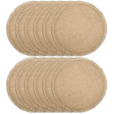 six pieces of burlocked jute coasters in various sizes and colors