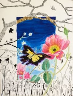 a drawing of flowers and a butterfly on a white paper with blue sky in the background