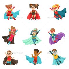 children dressed as superheros set - people character / characters illustrations on separate layers for easy editing and customizing