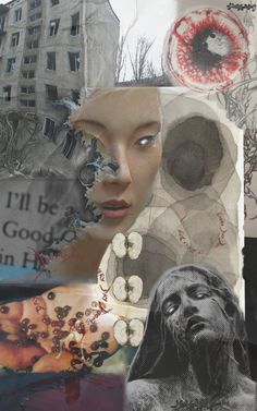 collage with various images and words on it, including an image of a woman's face