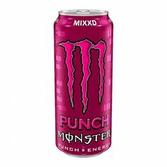 a pink monster energy drink can with the word punch monster on it's side